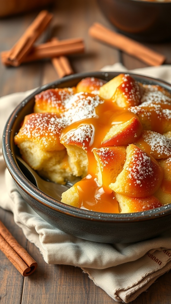 Gluten-Free Bread Pudding Recipe A bowl of golden brown gluten-free bread pudding drizzled with caramel sauce, set on a rustic wooden table.